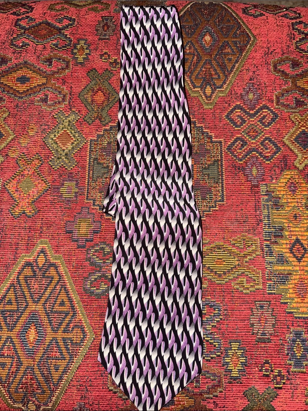 Rare Miles Davis Geometric Wave Pattern Silk Tie in Purple, Black & White